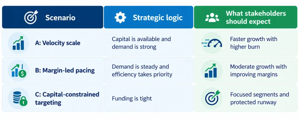 Three-scenario guidance framework for investor expectations management, showing velocity, margin-led and capital-constrained paths