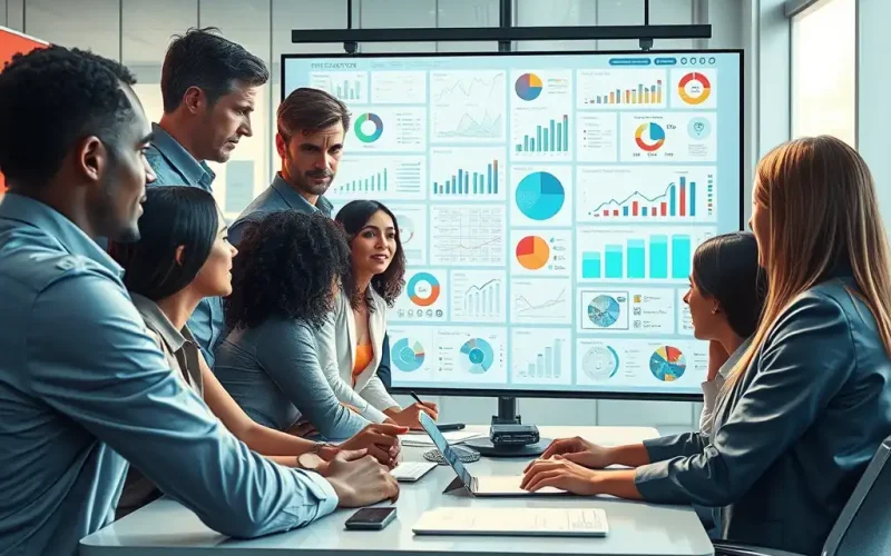 Executive team reviewing a CFO dashboard with financial data visualization charts during a strategy meeting