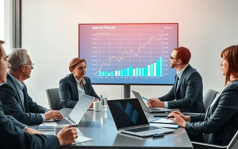 Finance team reviewing quarterly projections on a revenue forecast chart during a boardroom meeting