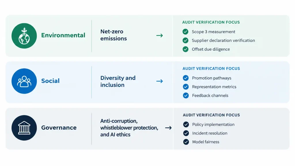 ESG audit verification focus areas: Scope 3 emissions measurement, diversity and inclusion metrics, and governance controls for anti-corruption and AI ethics