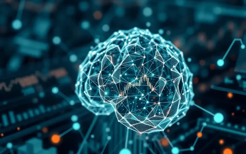 Glowing neural network shaped like a brain with a financial candlestick chart inside, representing machine learning in financial forecasting