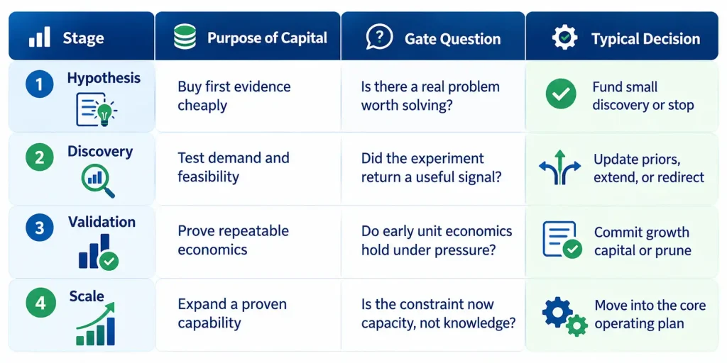 Four-stage gate framework for innovation funding, from hypothesis to scale, used to maximize return on innovation