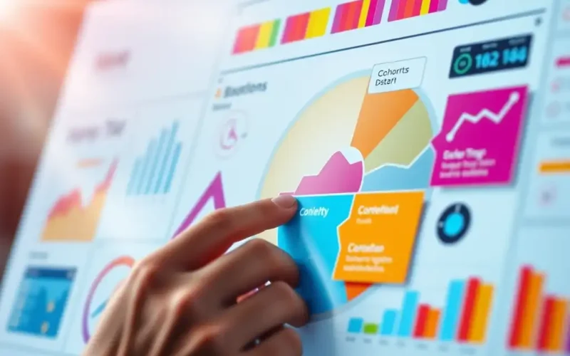 Hand pointing at a colorful analytics dashboard with pie and bar charts, showing cohort analysis of customer data