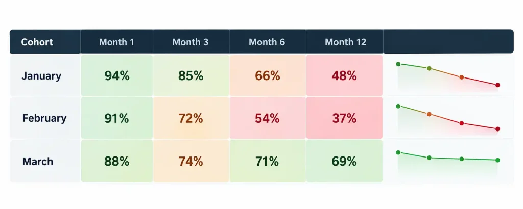 Cohort analysis retention table comparing January, February and March customer cohorts from month 1 to month 12