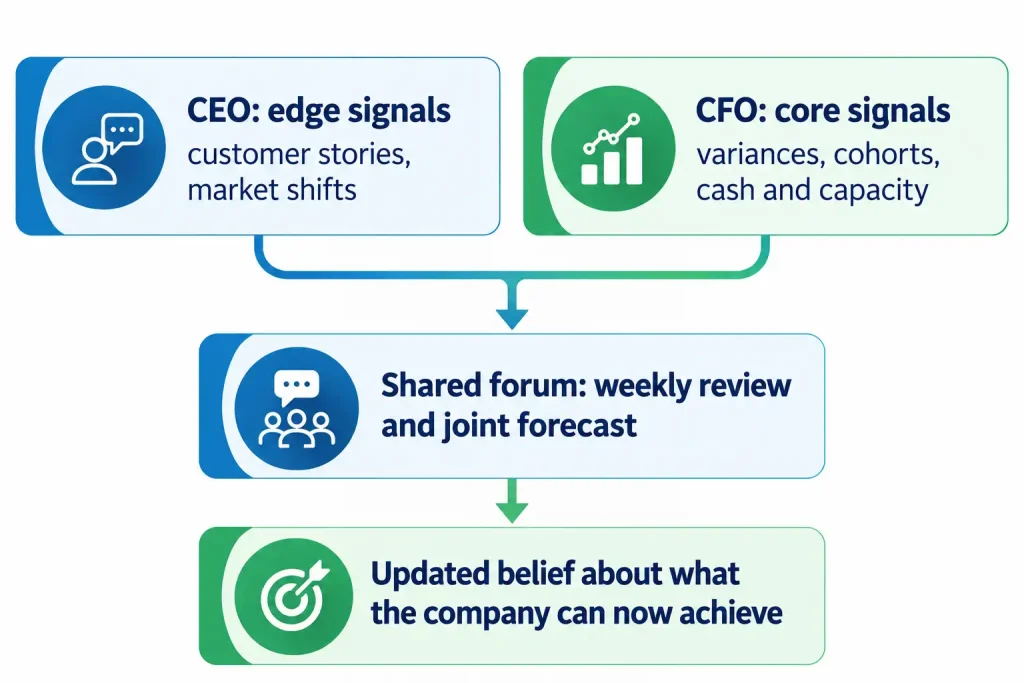 CFO and CEO partnership diagram showing CEO edge signals and CFO core signals merging in a shared forum to update strategic belief