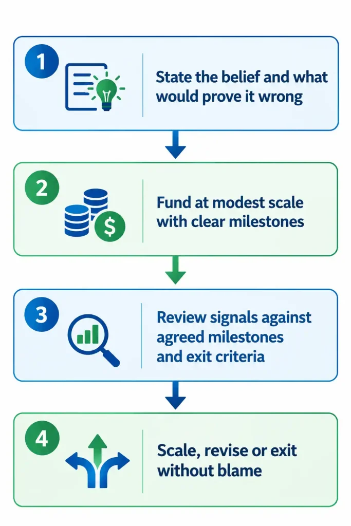Four-step CFO and CEO partnership framework for decisions under ambiguity: state the belief, fund with milestones, review signals, then scale, revise or exit