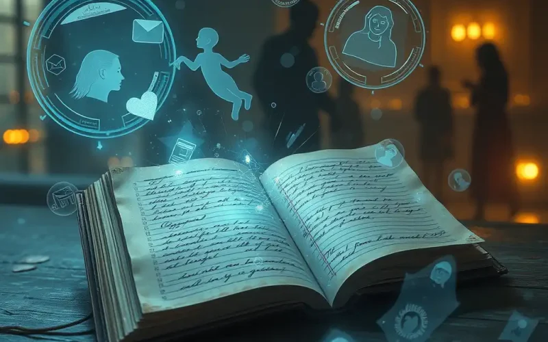Open handwritten journal on a wooden desk with glowing holographic icons of people, messages and memories rising from its pages, representing how records preserve personal and organizational history