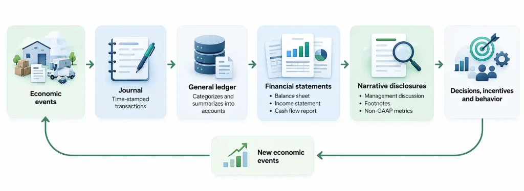 Accounting information cycle diagram showing economic events flowing through journal entries, general ledger, financial statements and narrative disclosures to decisions and incentives that create new economic events