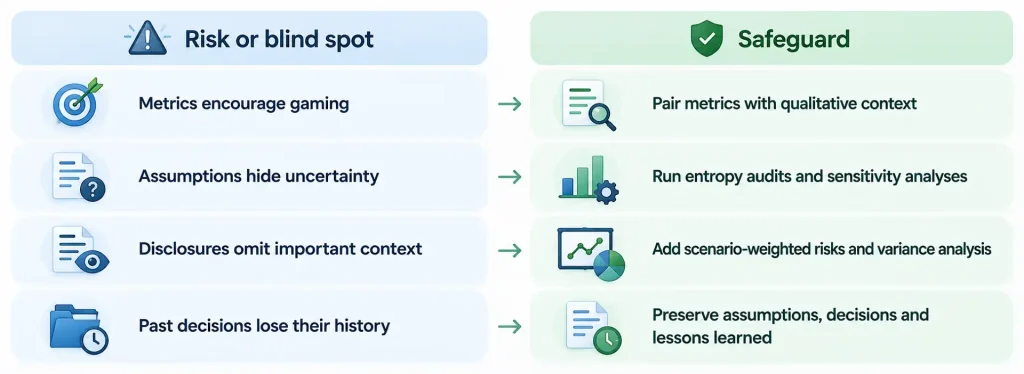 Comparison table of financial reporting risks and safeguards: pair metrics with qualitative context to prevent gaming, run entropy audits and sensitivity analyses on assumptions, add scenario-weighted risks and variance analysis to disclosures, and preserve decision history and lessons learned
