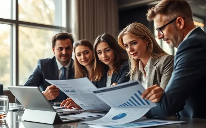 Finance leaders reviewing board reporting charts and financial reports together in a boardroom meeting