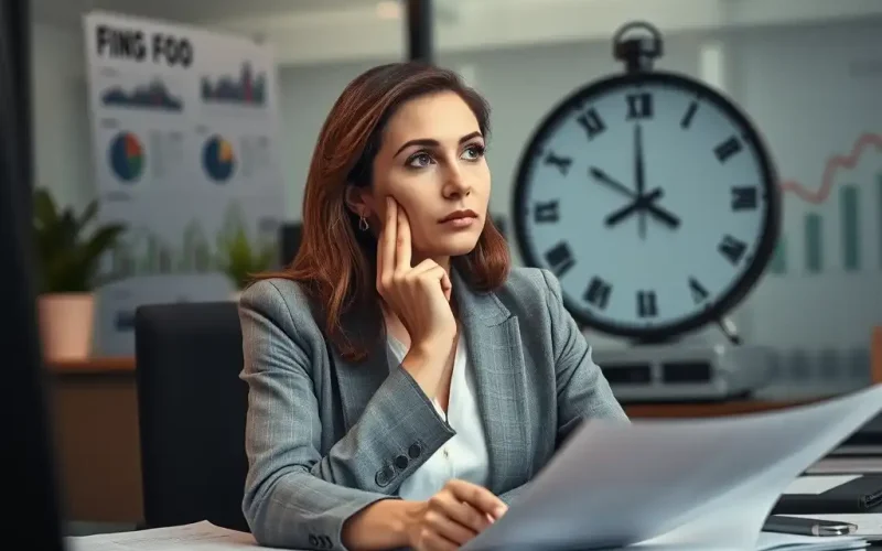 CFO weighing a capital decision at her desk with financial reports and a large clock, showing strategic patience and timing in finance