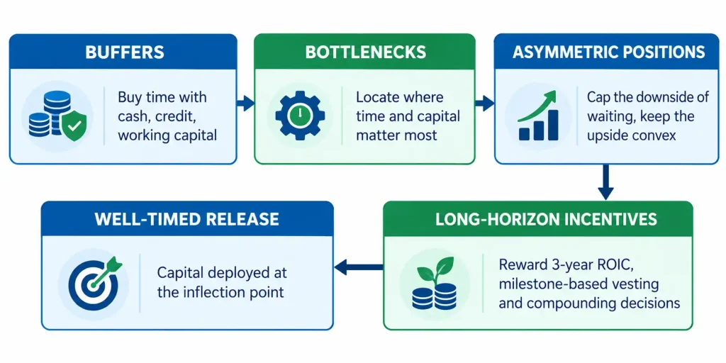 CFO strategic patience framework: buffers, bottlenecks, asymmetric positions and long-horizon incentives leading to well-timed capital release