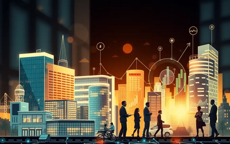 Business leaders walk past a city skyline with growth charts, showing portfolio company value creation in private equity
