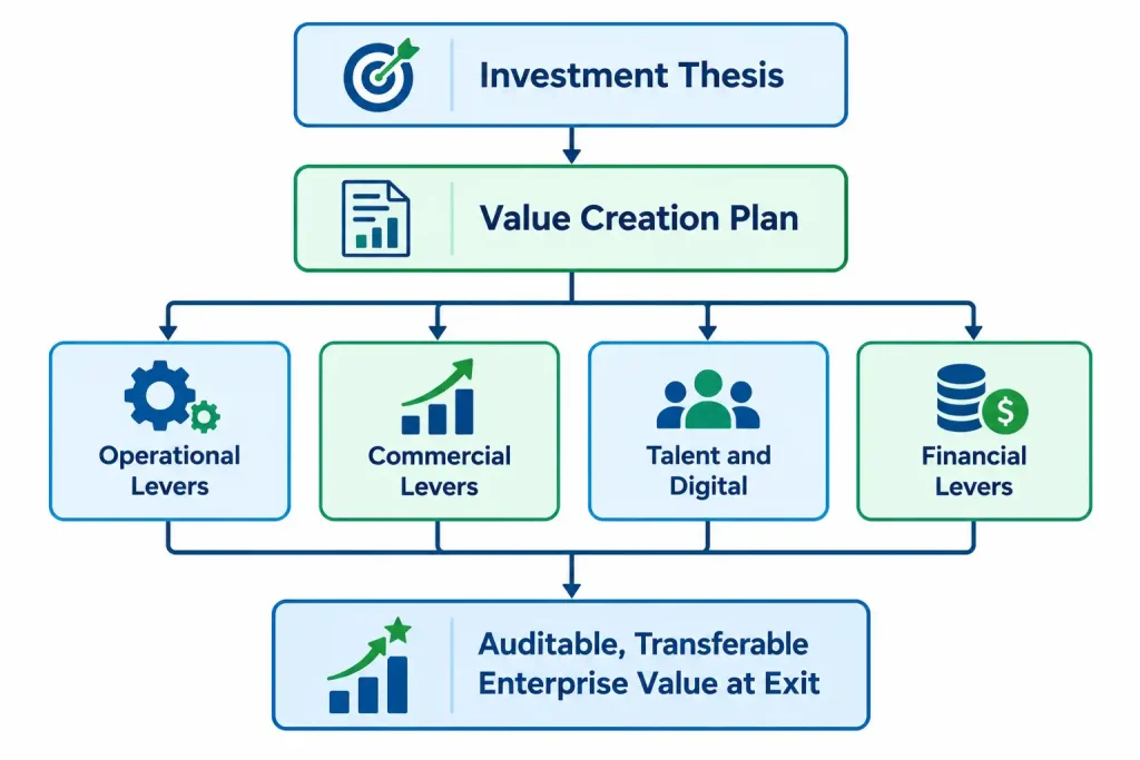 Portfolio company value creation flow from investment thesis to value creation plan, four levers, and enterprise value at exit