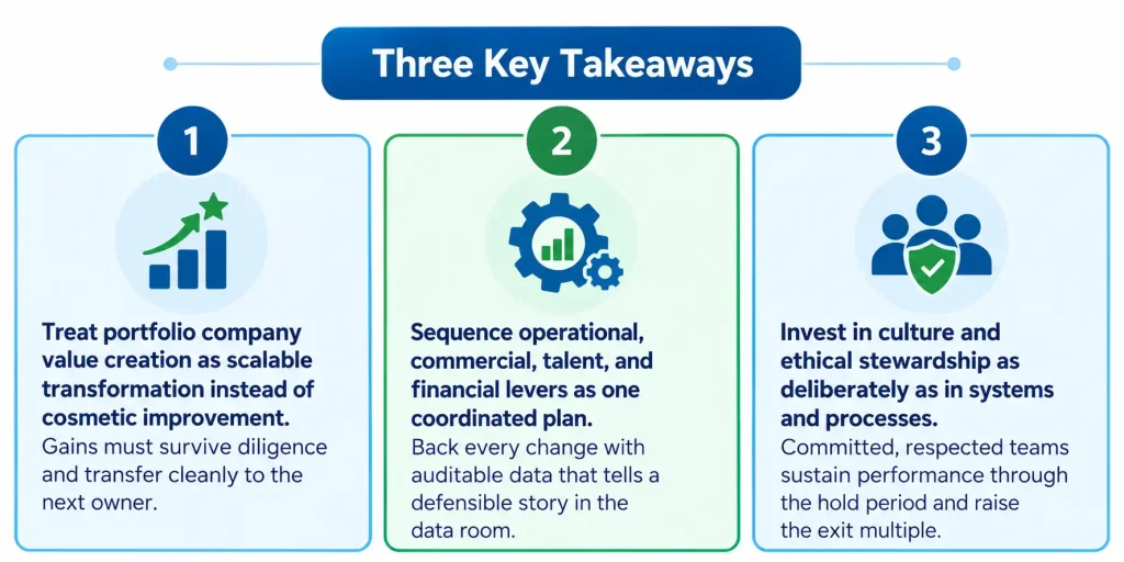 Three key takeaways on portfolio company value creation: scalable transformation, coordinated levers, and ethical stewardship