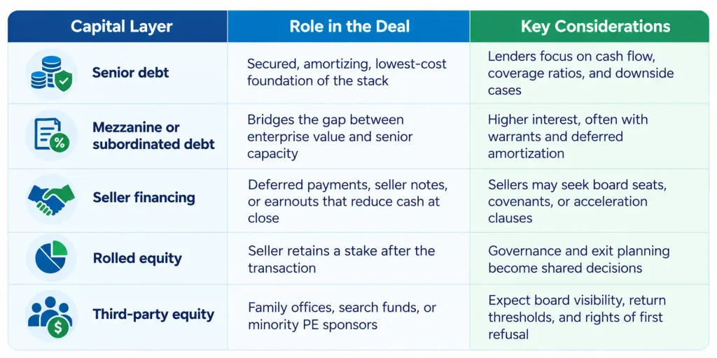 Management buyout financing capital stack showing senior debt, mezzanine debt, seller financing, rolled equity and PE equity