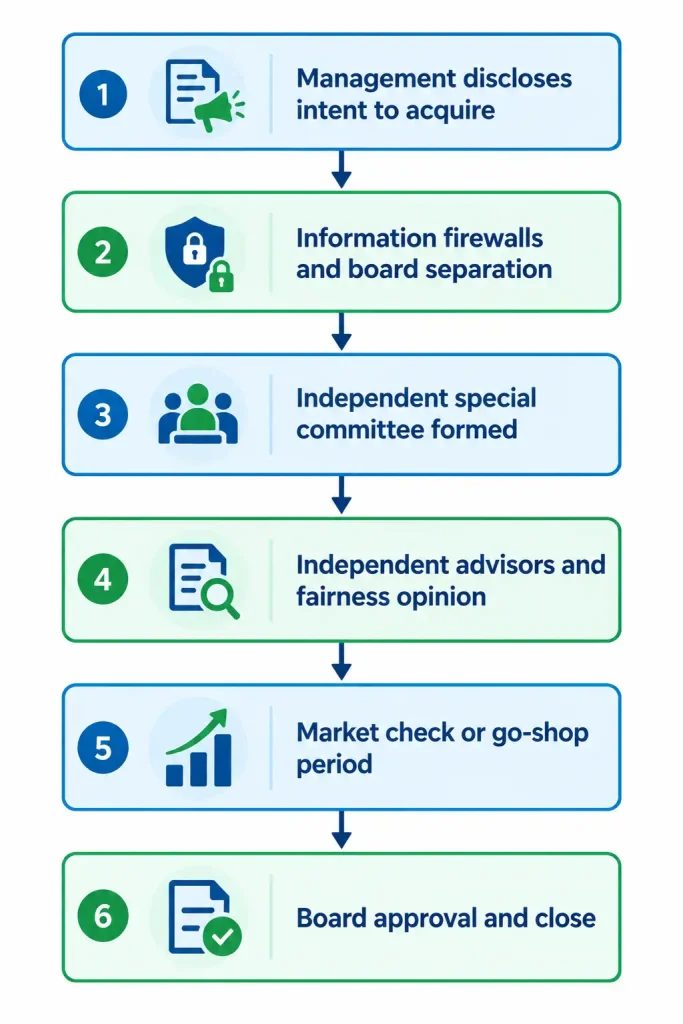 Management buyout governance process from MBO disclosure to special committee, fairness opinion, go-shop and board approval