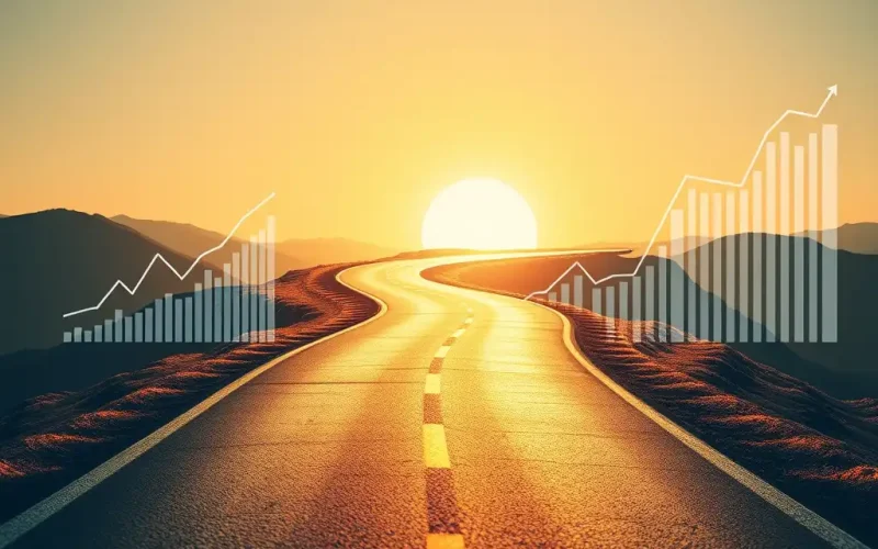Road toward a sunrise with rising growth charts, showing exit timing and IRR in private equity