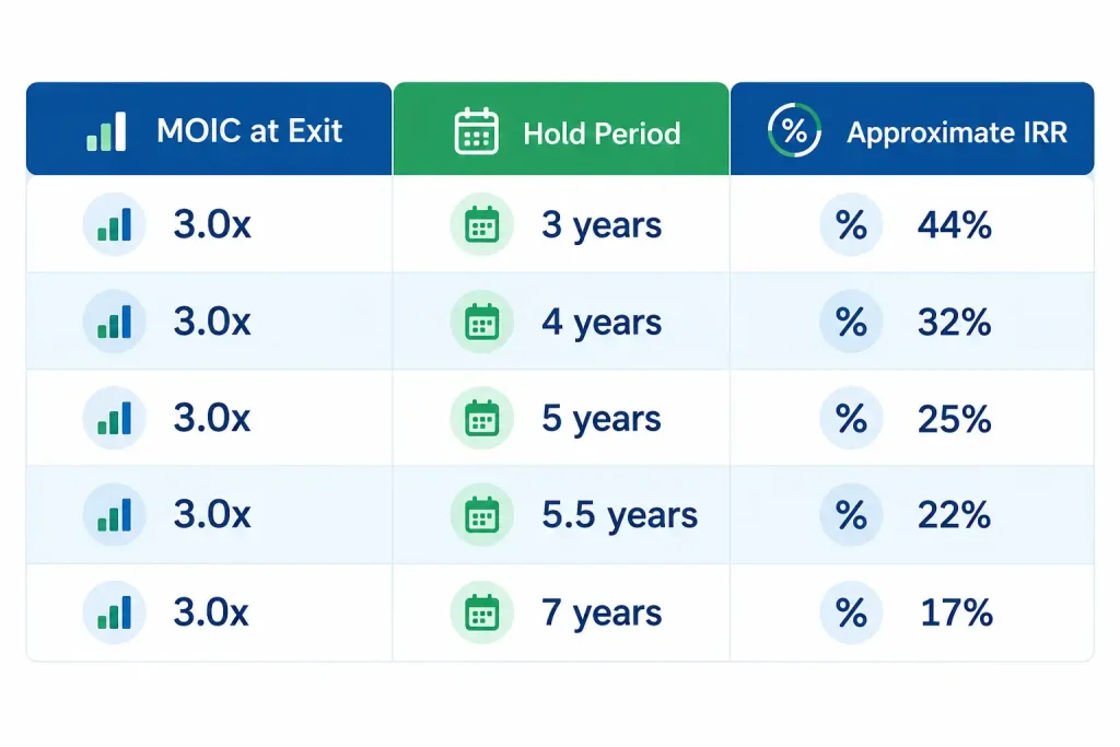 Private equity IRR table showing a 3.0x MOIC falling from 44% IRR at 3 years to 17% at 7 years