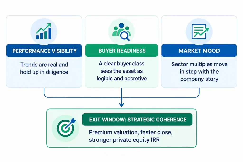 IRR in private equity exit window where performance visibility, buyer readiness and market mood converge