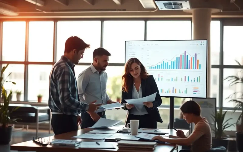 Finance team reviewing cost accounting reports and a margin dashboard in a modern office