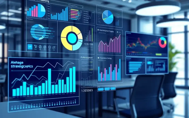 Financial analytics dashboards showing ROIC and capital allocation strategy data in a corporate planning office