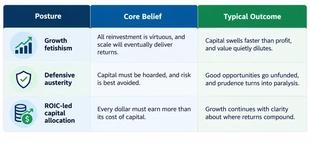 Capital allocation strategy table comparing growth fetishism, defensive austerity, and ROIC-led capital allocation outcomes