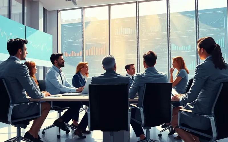 Private equity team reviewing capital structure and value creation data in a modern boardroom