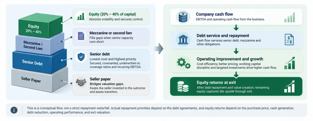 Leveraged buyout capital structure showing equity, mezzanine, senior debt and seller paper, with cash flow funding debt and equity returns