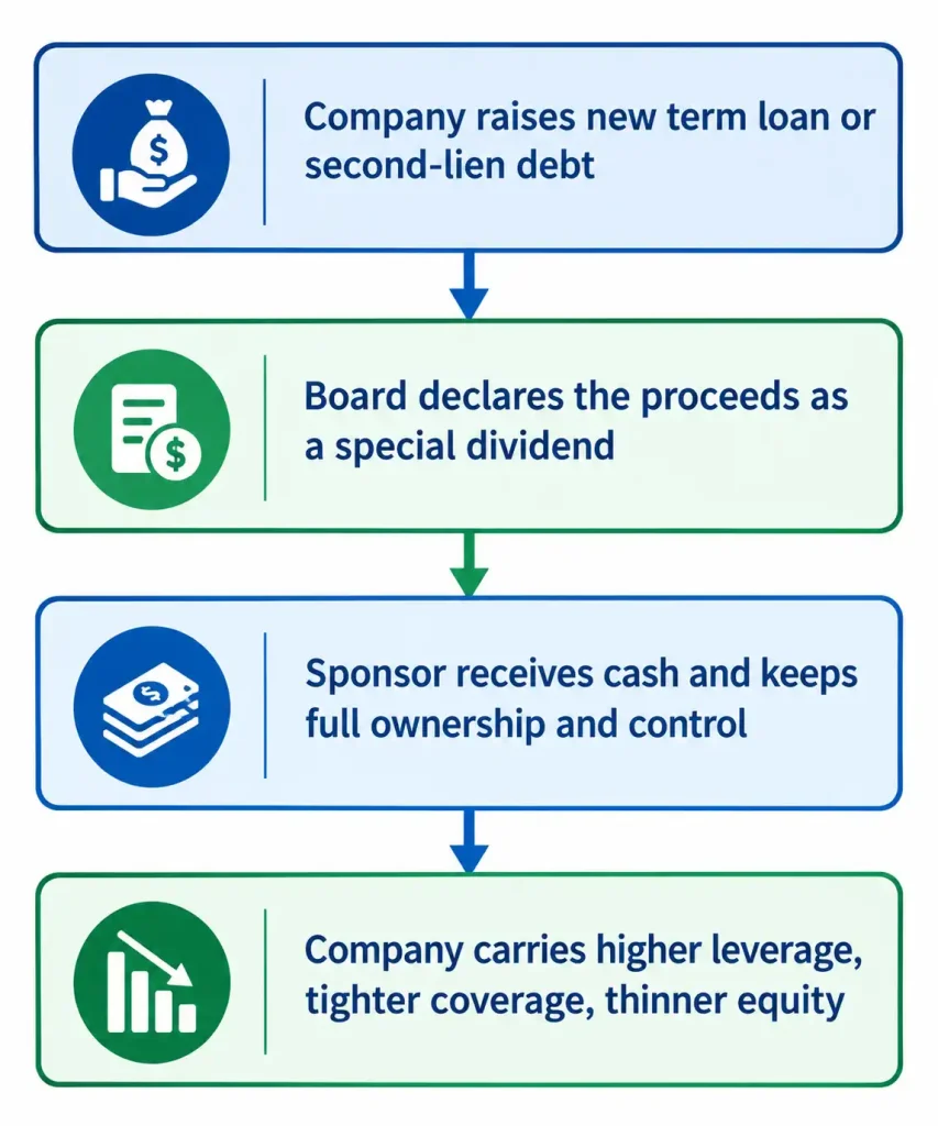 Dividend recap process flow from new term loan to special dividend, sponsor payout and higher company leverage