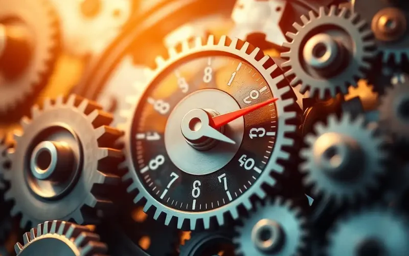 Gauge needle rising among interlocking gears, symbolizing operational improvement initiatives that move the needle