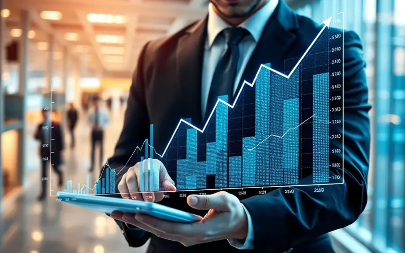 Finance executive using a tablet with a rising data chart, showing performance metrics that drive business decisions