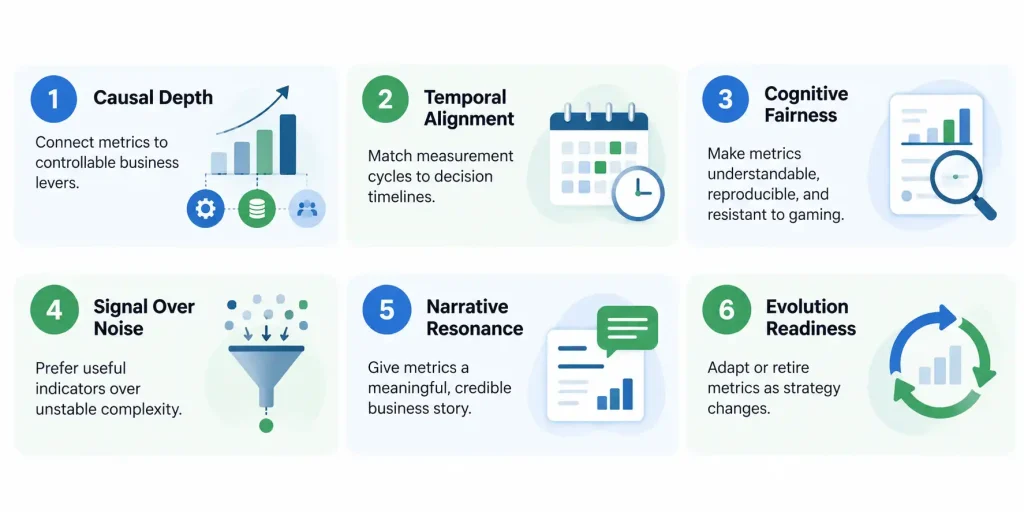 Six principles of effective KPI design: causal depth, temporal alignment, cognitive fairness, signal over noise, narrative resonance, evolution readiness