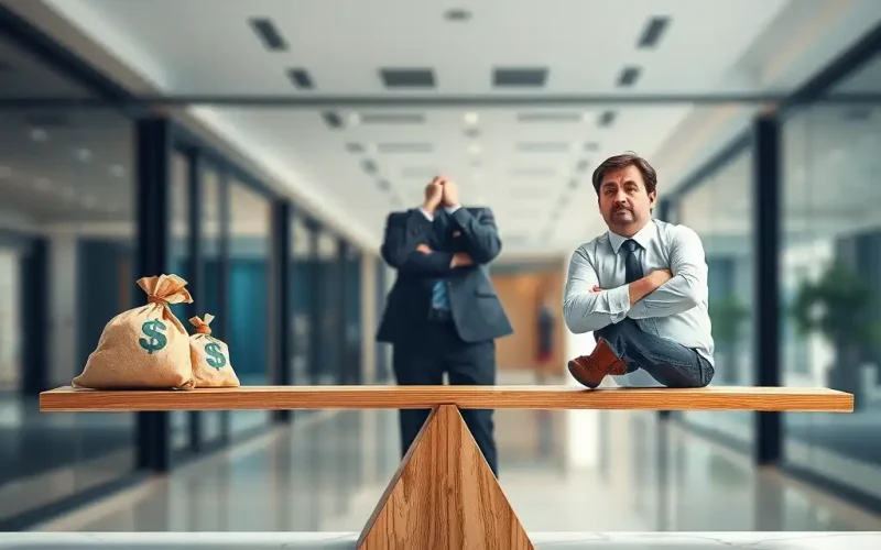 Seesaw balancing money bags against a fund manager, showing the carried interest debate between incentive and controversy