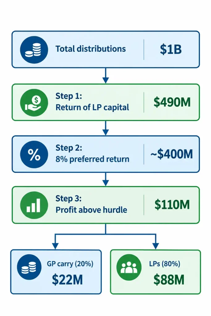 Carried interest waterfall showing $1B distributions, return of LP capital, 8% preferred return, and the 20% GP carry split