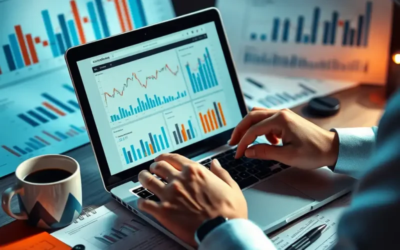 Finance professional monitoring portfolio performance dashboards and KPI charts on a laptop