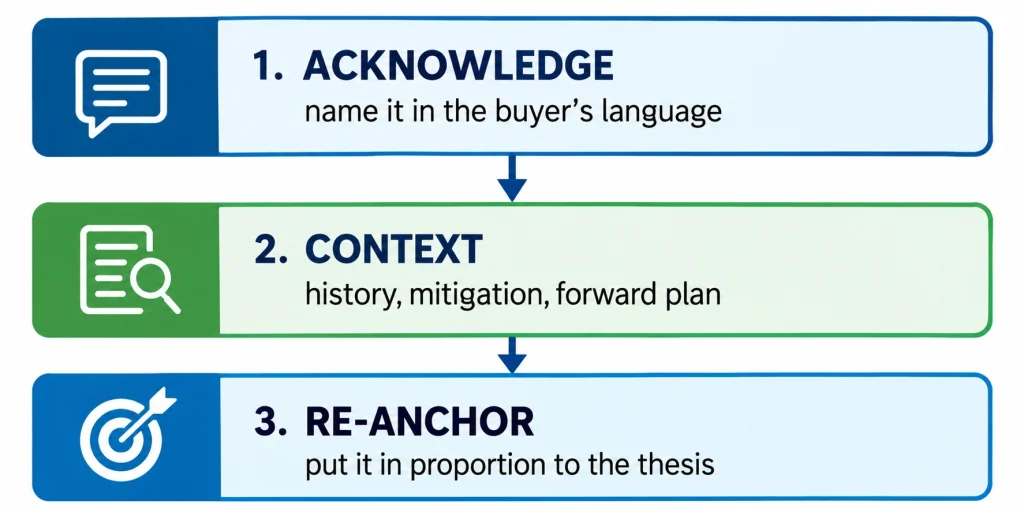 Three-step framework for handling investor objections in an investment memorandum: acknowledge, add context, re-anchor