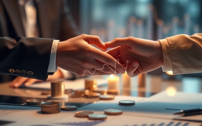 Private equity sponsor and seller shaking hands over financial charts to close a rollover equity deal