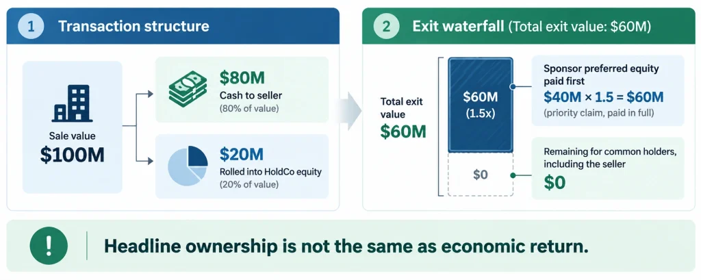 Rollover equity example: $100M sale with $20M rolled into HoldCo, where sponsor preferred equity takes the full $60M exit