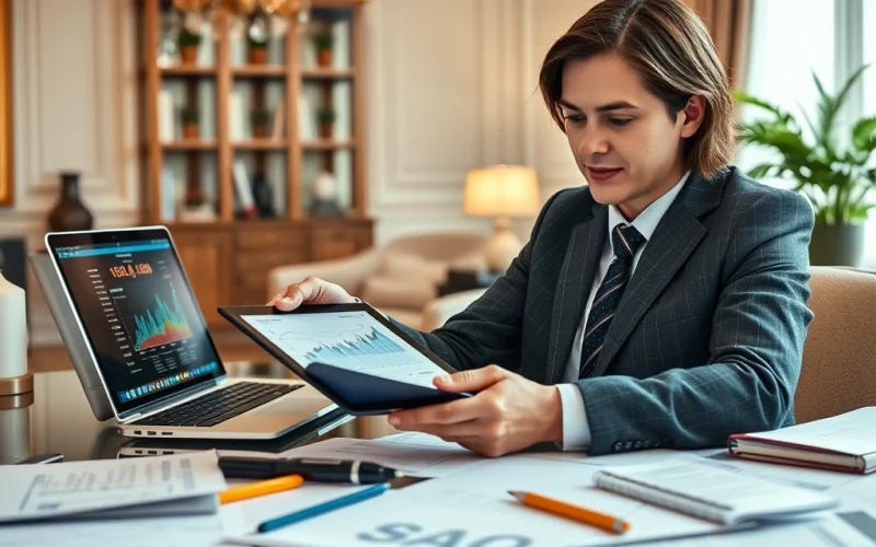 Fund manager reviewing portfolio performance data on a tablet and laptop to guide capital deployment decisions
