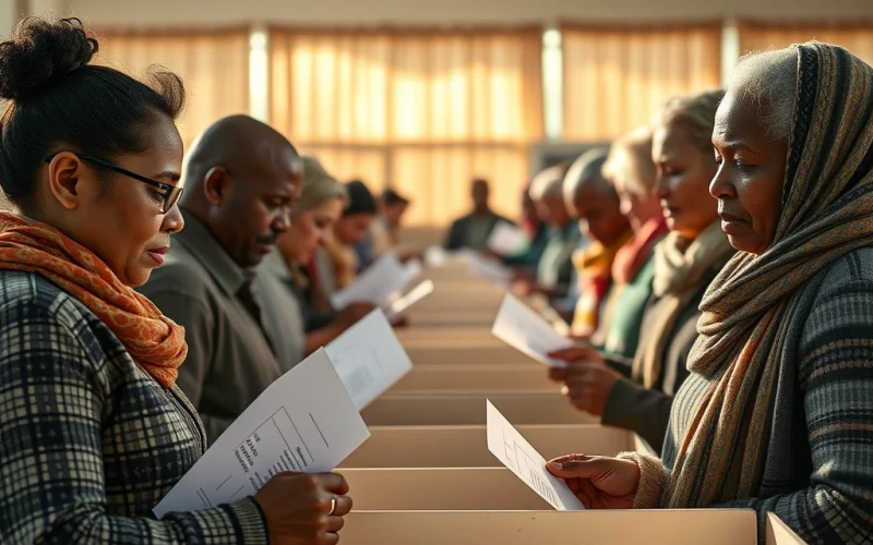 Shareholders reviewing ballots at a voting table during an annual general meeting, illustrating investor voting rights