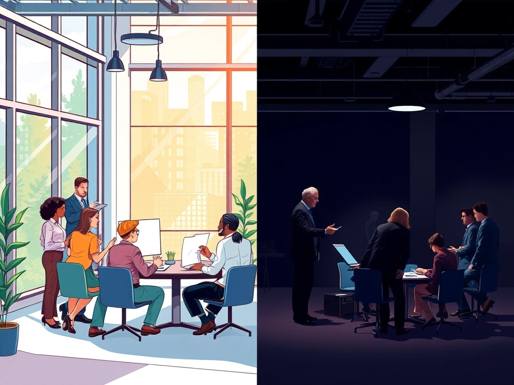 Secondary buyouts illustration contrasting a bright, collaborative team in a growth phase with a dim boardroom representing value transfer