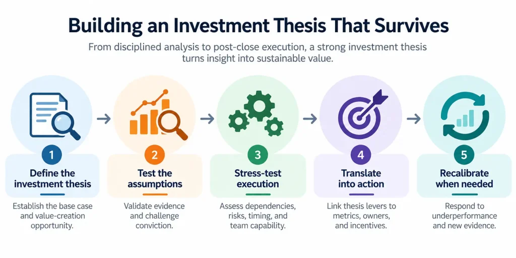 Private equity investment thesis framework showing five stages from defining the investment opportunity and testing assumptions to execution, value creation, and recalibration