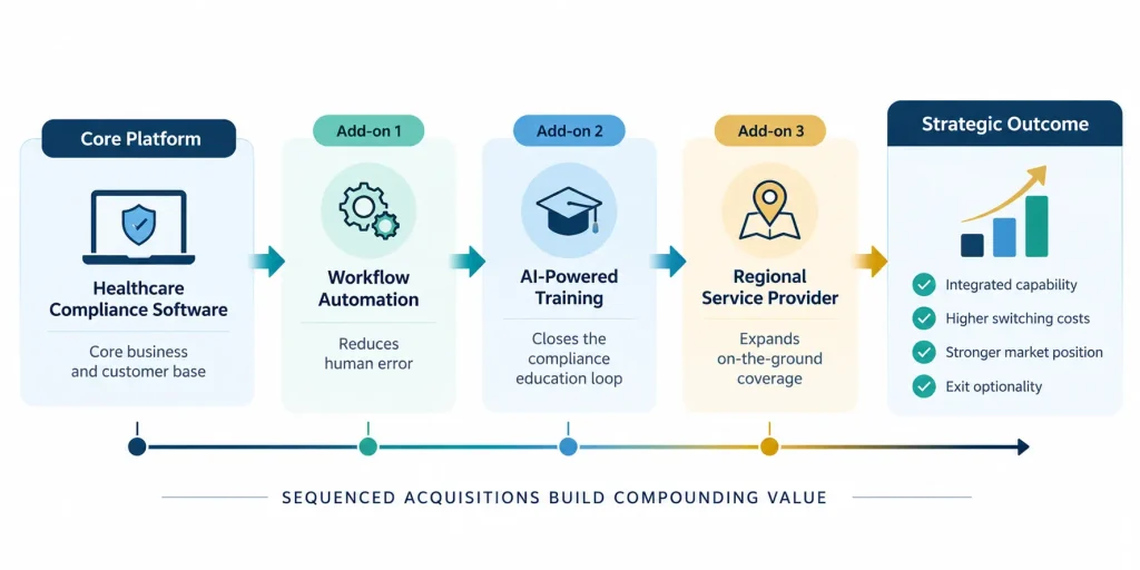 Compounding acquisition roadmap illustrating how healthcare compliance software, workflow automation, AI-powered training and regional service capabilities combine to build an integrated business with higher switching costs and exit optionality.