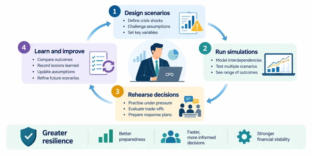 CFO financial crisis simulation cycle showing scenario design, stress testing, leadership rehearsal, and continuous improvement.