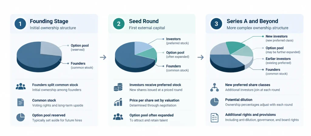 Startup cap table evolution diagram showing ownership structure across founding, seed funding, and Series A and later rounds, including preferred stock, option pools, dilution, and governance changes.