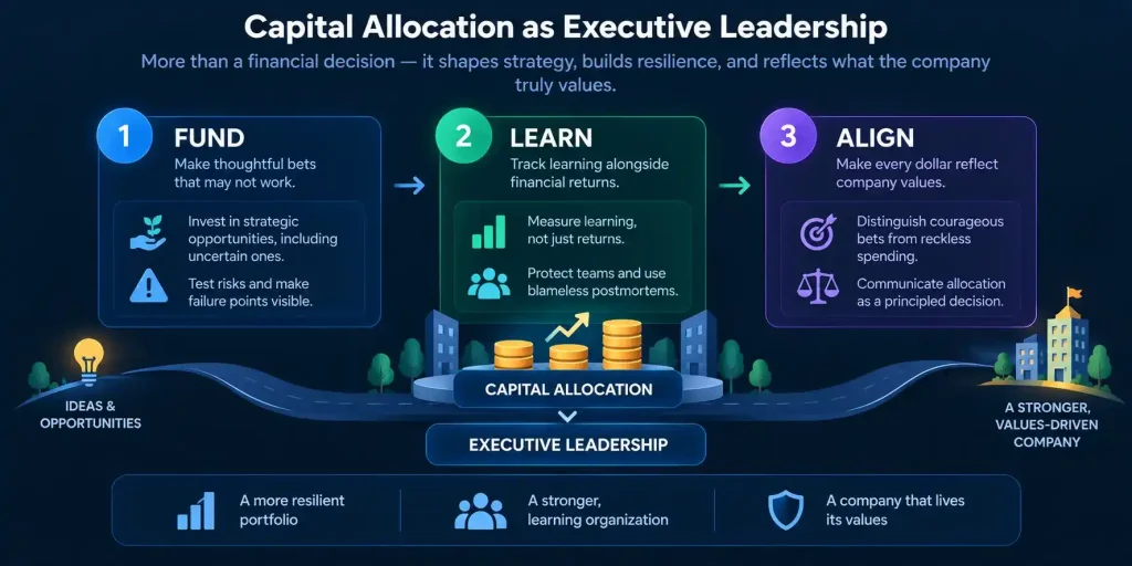 Capital allocation as executive leadership balancing strategic bets, learning, risk, and company values