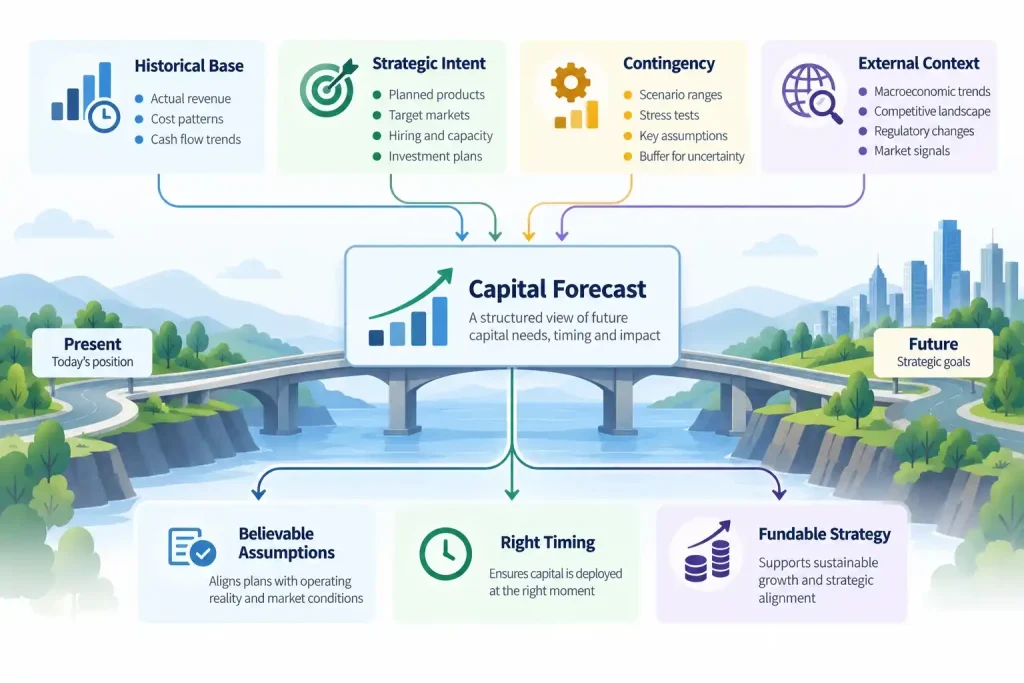 “Capital forecast architecture showing historical data, strategic intent, contingencies, and external context guiding investment decisions”