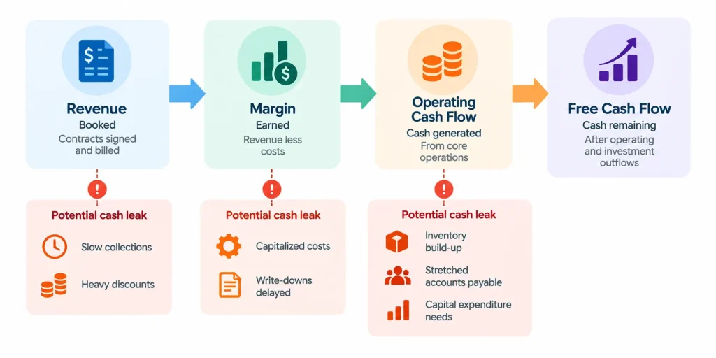 Cash conversion flow diagram showing revenue, margin, operating cash flow, and free cash flow, with common cash leakage risks including slow collections, capitalized costs, inventory buildup, and delayed payments.