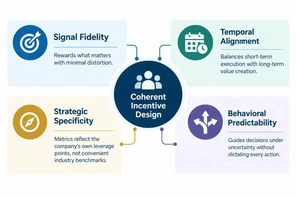 Four tests of a coherent management incentive plan: signal fidelity, temporal alignment, strategic specificity and behavioral predictability.